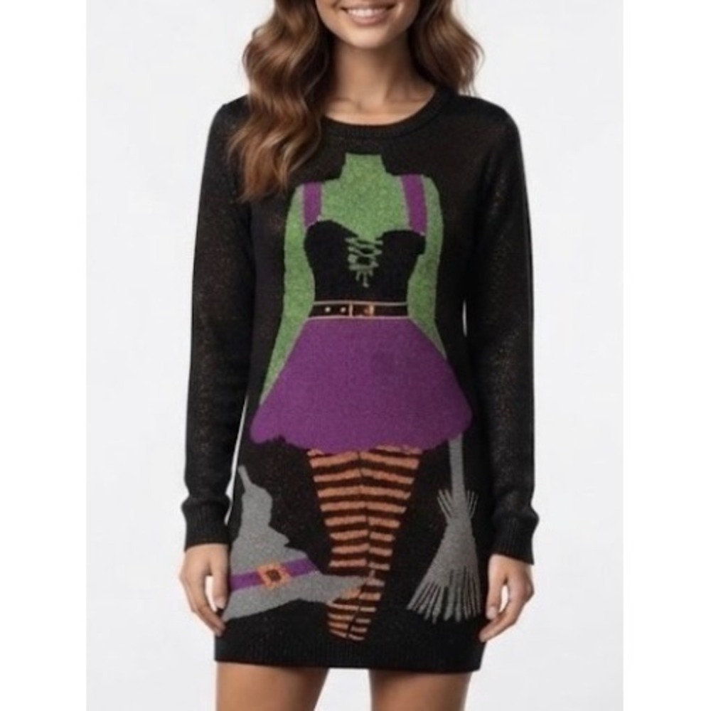 Verve Ami Women Black Glitter Witch Halloween A-Line Sweater Mini Dress Size M